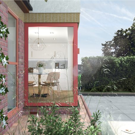 Kitchen extension with Pink windows by MUSTARD Plans